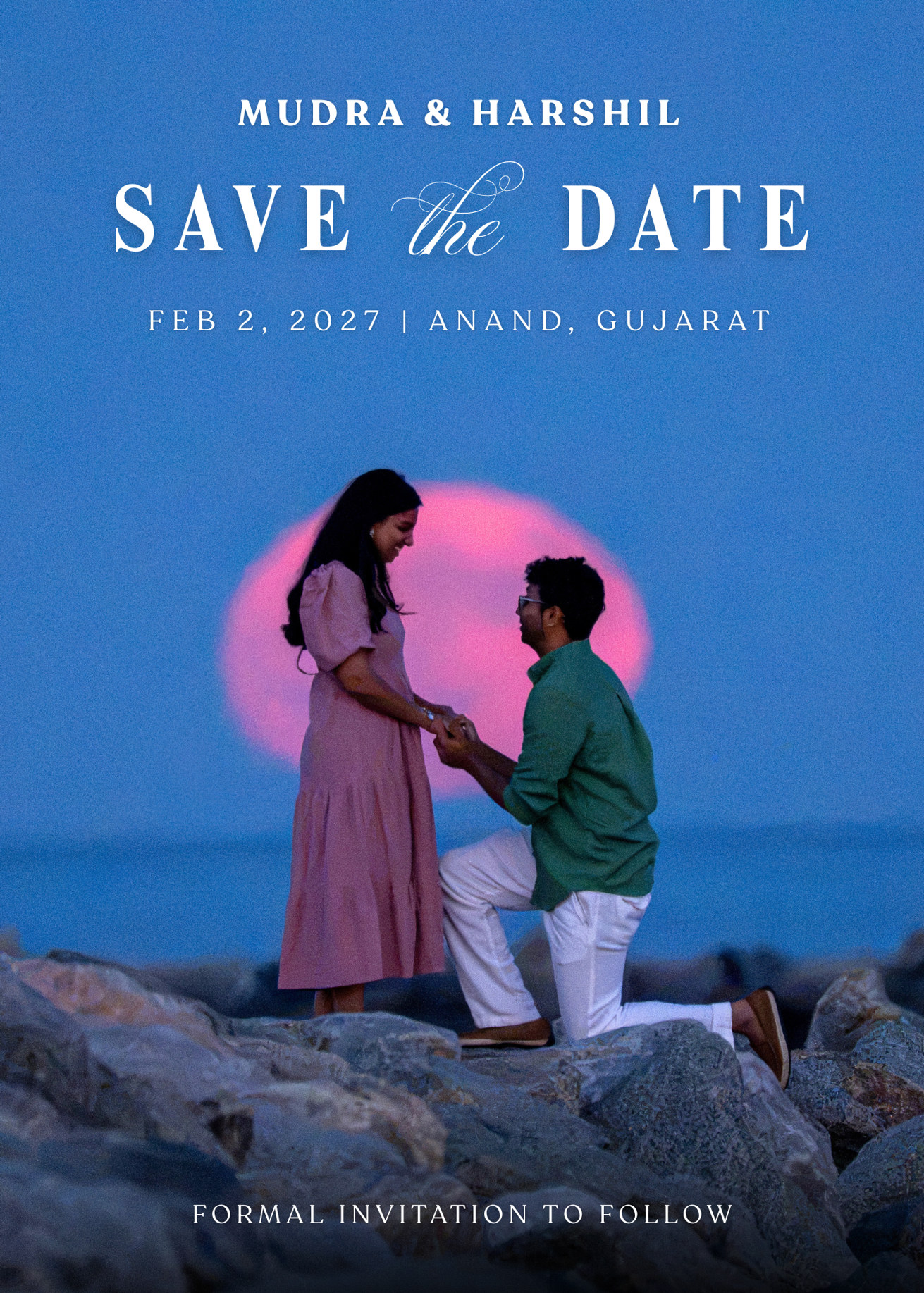 Mudra and Harshil — Save the Date, February 2, 2027, Anand, Gujarat. Formal invitation to follow.